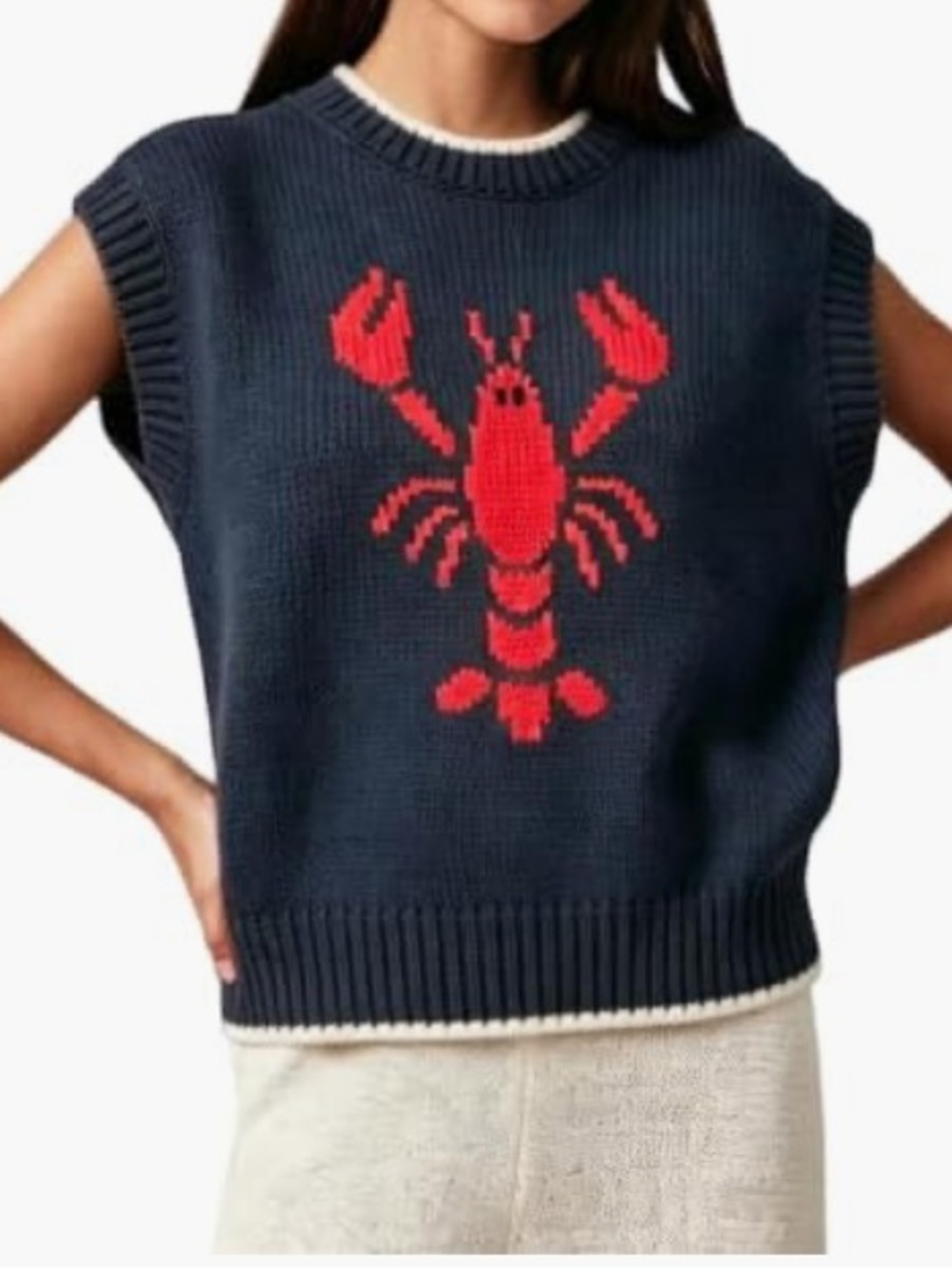 Navy Sleeveless Knit Vest with Red Lobster Motif🌻